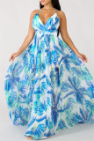 Blue Fashion Casual Print Backless V Neck Sling Dress