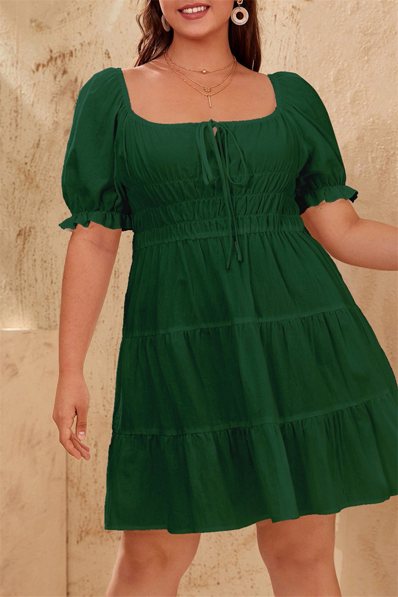 

Green Fashion Casual Solid Bandage Split Joint Square Collar Plus Size Dresses