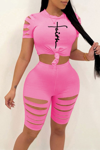 Pink Sexy Print Hollowed Out Patchwork Short Sleeve Two Pieces
