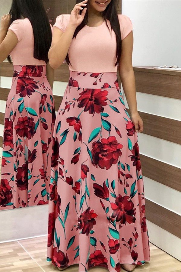 Roze mode casual print patchwork O-hals jurk met korte mouwen