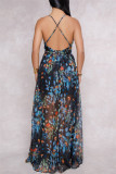Blau Schwarz Fashion Casual Print Backless Sling Dress mit V-Ausschnitt