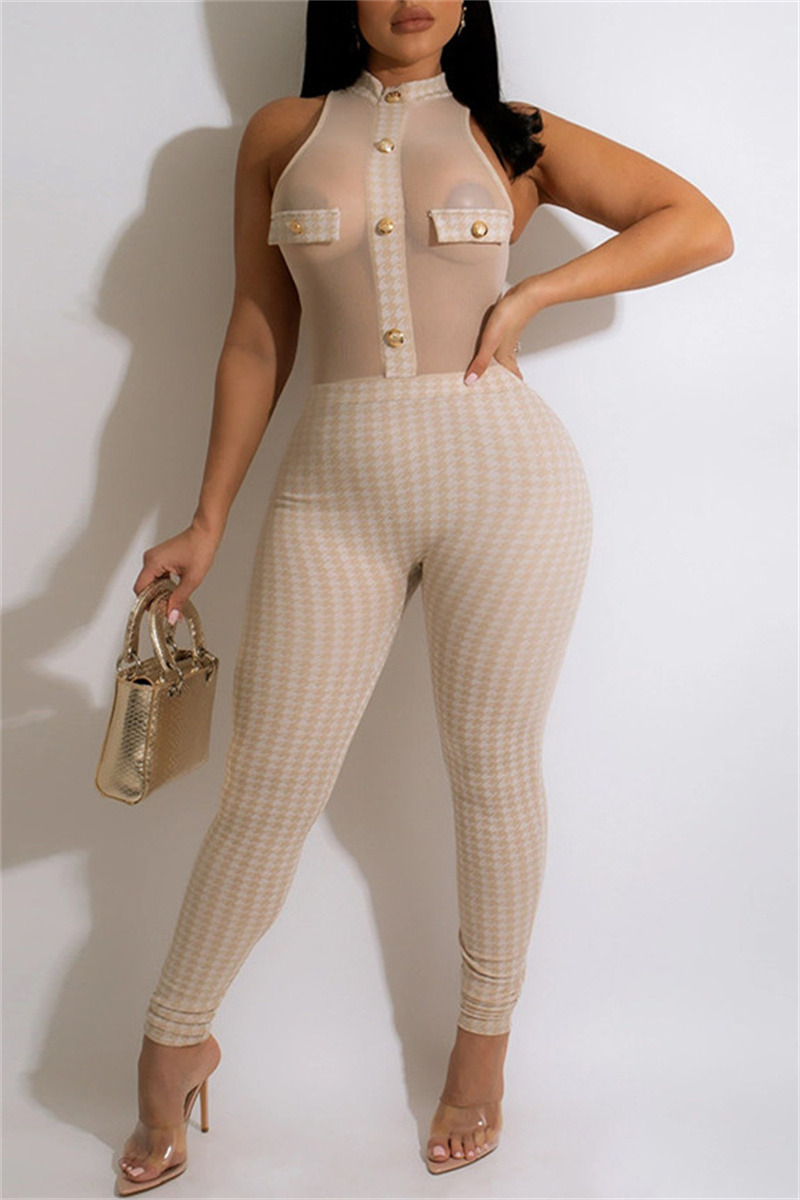 

Apricot Fashion Sexy Print Split Joint See-through Half A Turtleneck Skinny Jumpsuits