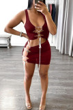 Burgundy Sexy Solid Bandage Hollowed Out Patchwork U Neck Sleeveless Two Pieces