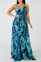 Diepblauwe mode casual print backless v-hals sling jurk