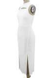 White Elegant Solid Hollowed Out Patchwork Slit O Neck Straight Dresses