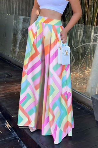Colour Casual Print Patchwork High Waist Wide Leg Full Print Bottoms