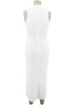 Белые элегантные однотонные прямые платья в стиле пэчворк с разрезом и круглым вырезом