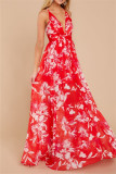 Red Fashion Casual Print Backless V Neck Sling Dress
