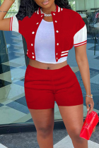 Red Casual Solid Patchwork Short Sleeve Two Pieces
