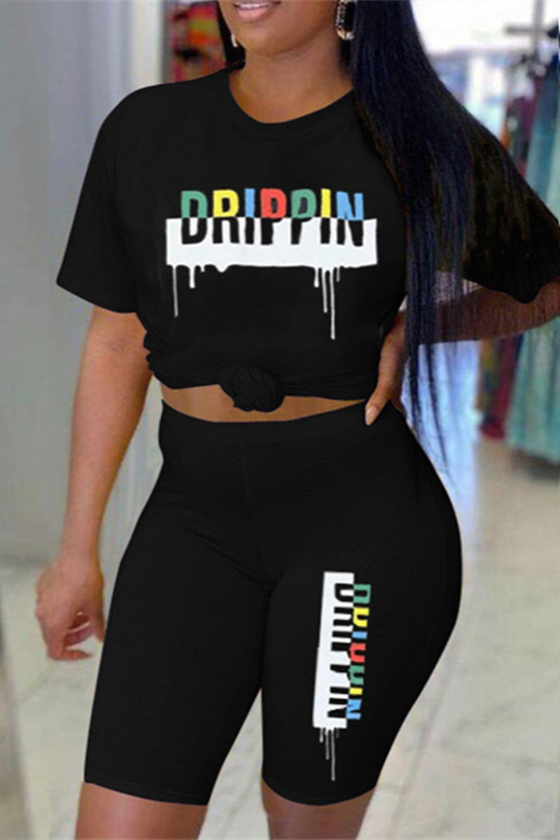 Black Fashion Casual Print Basic O Neck Short Sleeve Two Pieces