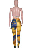Yellow Sexy Print Bandage Hollowed Out Patchwork Backless Asymmetrical Halter Regular Jumpsuits