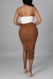 Brown Sexy Solid Hollowed Out Patchwork Slit Fold Spaghetti Strap Sling Dress Dresses