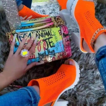 Оранжевая модная повседневная обувь на танкетке с открытым носком в стиле пэчворк, сплошной цвет, рыбий рот, обувь на танкетке