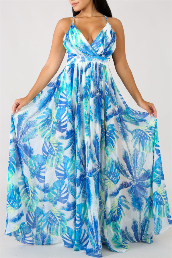 Blauwe mode casual print backless v-hals sling jurk