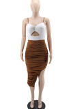Brown Sexy Solid Hollowed Out Patchwork Slit Fold Spaghetti Strap Sling Dress Dresses