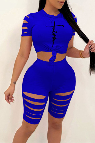 Blue Sexy Print Hollowed Out Patchwork Short Sleeve Two Pieces