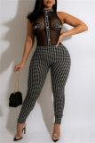 Zwarte mode sexy print patchwork doorzichtige halve coltrui magere jumpsuits