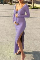Светло-фиолетовые модные повседневные сплошные повязки с вырезом и V-образным вырезом с длинным рукавом