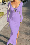 Bandage solide décontracté à la mode violet clair évidé robes à manches longues col en V fendu