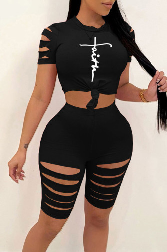 Black Sexy Print Hollowed Out Patchwork Short Sleeve Two Pieces