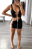 Black Sexy Solid Bandage Hollowed Out Patchwork U Neck Sleeveless Two Pieces