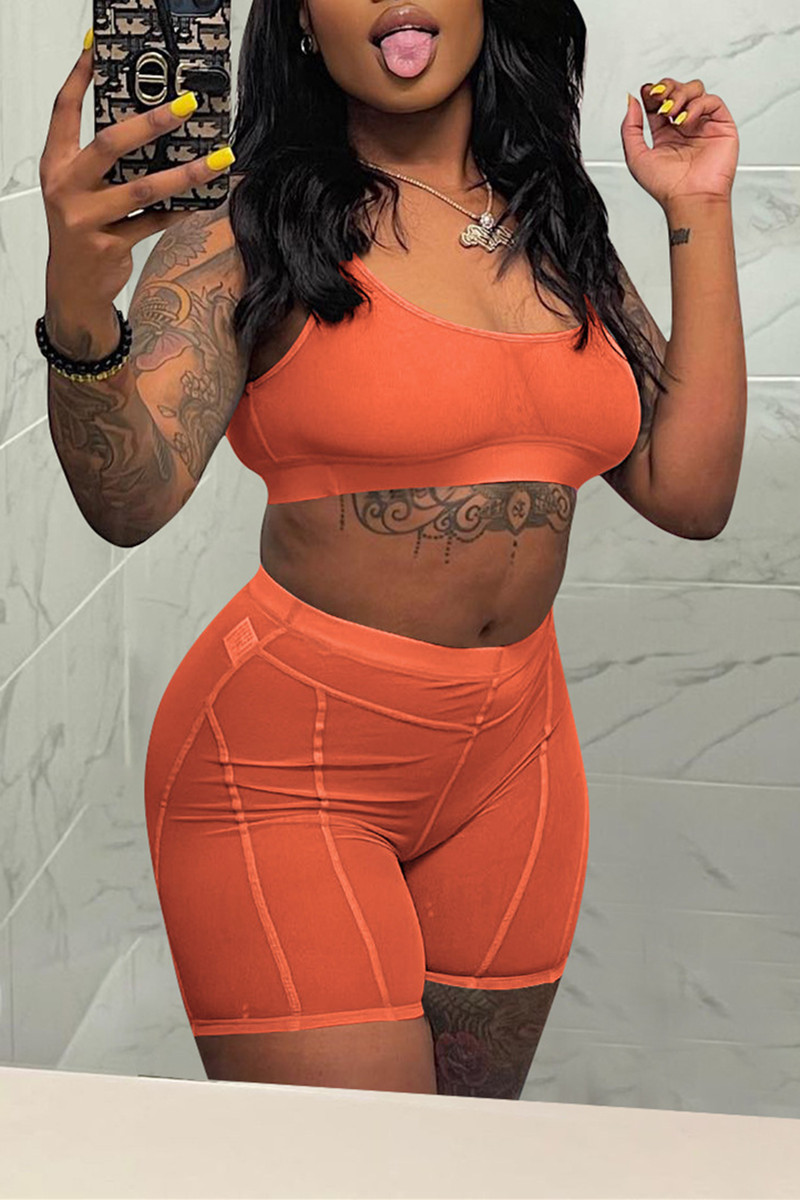 Orange Fashion Sexy Solid See-through U Neck Sleeveless Two Pieces