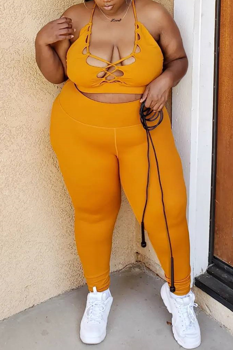 

Lemon Yellow Sexy Casual Solid Hollowed Out Backless Halter Plus Size Two Pieces