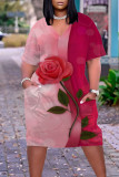 Vestidos rectos con cuello en V y patchwork con estampado informal rosa