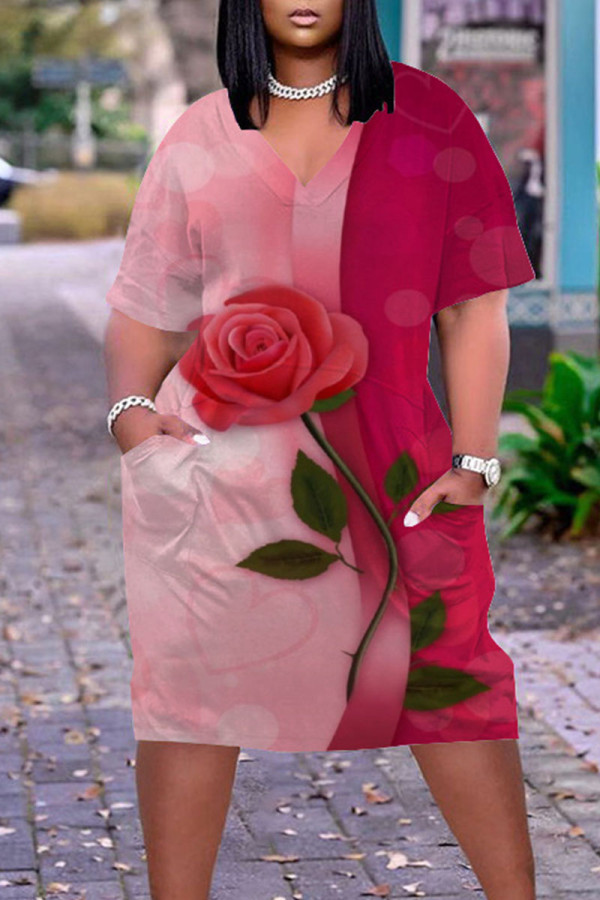 Розовые повседневные прямые платья в стиле пэчворк с V-образным вырезом