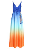 Bleu doux élégant imprimé Patchwork Spaghetti sangle robe à bretelles robes