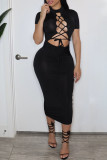 Black Sexy Solid Bandage Hollowed Out Patchwork O Neck One Step Skirt Dresses