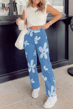 Baby Blue Fashion Casual Floral Print Basic High Waist Regular Denim Jeans