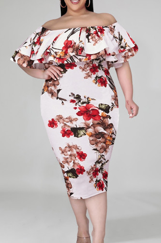White Fashion Casual Plus Size Print Patchwork Off the Shoulder Short Sleeve Dress