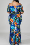 Blauwe mode casual plus size print backless off-shoulder lange jurk