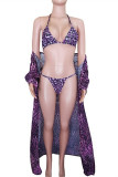 Conjunto de tres piezas de trajes de baño básicos de leopardo con estampado sexy de moda púrpura (con rellenos)