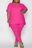 Orange Pink Fashion Casual Solid Slit V Neck Plus Size Two Pieces