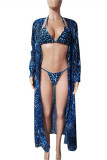 Conjunto de três peças de roupa de banho básica de leopardo com estampa sexy azul fashion (com enchimentos)