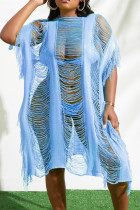 Costumi da bagno sexy azzurri alla moda con nappe in tinta unita scavate, copricostume, taglie forti
