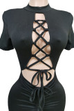 Black Sexy Solid Bandage Hollowed Out Patchwork O Neck One Step Skirt Dresses
