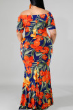 オレンジ ファッション カジュアル プラス サイズ プリント バックレス オフショルダー ロング ドレス