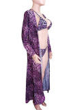 Conjunto de tres piezas de trajes de baño básicos de leopardo con estampado sexy de moda púrpura (con rellenos)