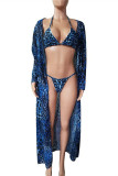 Blau Fashion Sexy Print Leopard Basic Swimwears Dreiteiliges Set (mit Polsterungen)