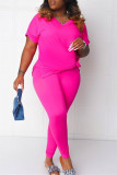 ピンクパープルファッションカジュアルソリッドスリットVネックプラスサイズツーピース