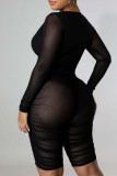 Black Sexy Solid Patchwork See-through Zipper V Neck Skinny Rompers