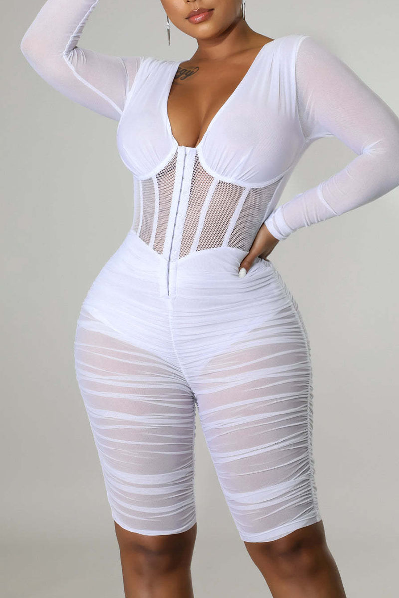 

White Sexy Solid Split Joint See-through Zipper V Neck Skinny Jumpsuits