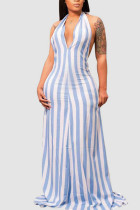 Light Blue Casual Striped Print Patchwork Backless Halter Dresses