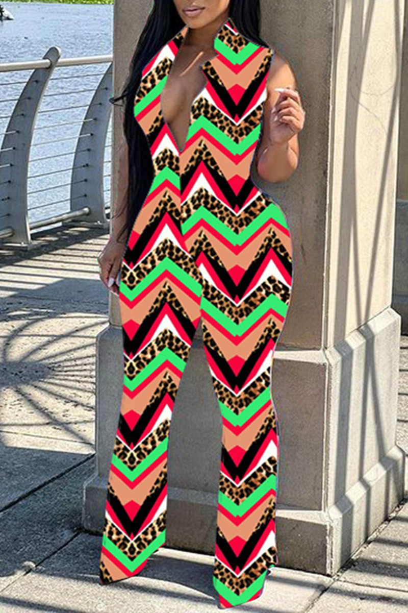 

Multicolor Fashion Casual Print Basic Zipper Collar Regular Jumpsuits