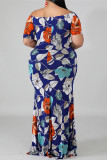 Blue Fashion Casual Plus Size Print Backless Off the Shoulder Long Dress