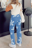 Middelblauwe modieuze casual print Basic hoge taille regular denim jeans