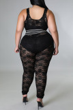 Colete preto moda sexy patchwork transparente calças o pescoço plus size duas peças